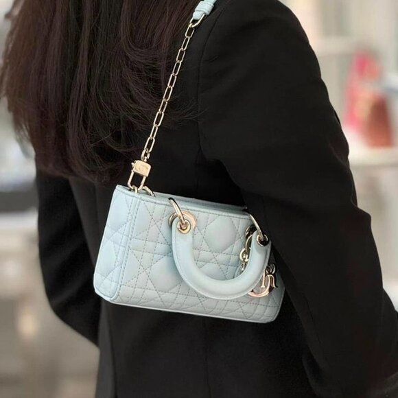 !SOLD! DIOR LADY DJOY MICRO BAG PLACID BLUE CANNAGE LAMBSKIN CHAMPAGNE GOLD HW - Picture 9 of 9